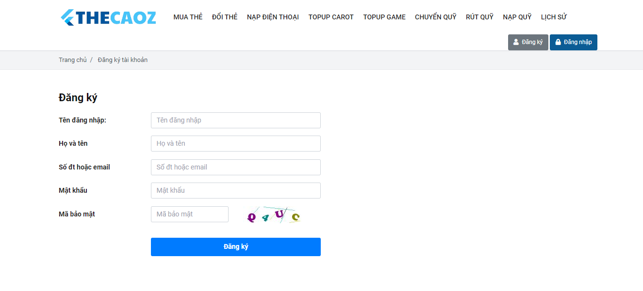 Đăng ký tài khoản tại ThecaoZ